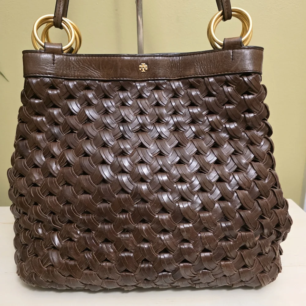 Tory Burch | Farrah Brown Woven Leather Shoulder Bag